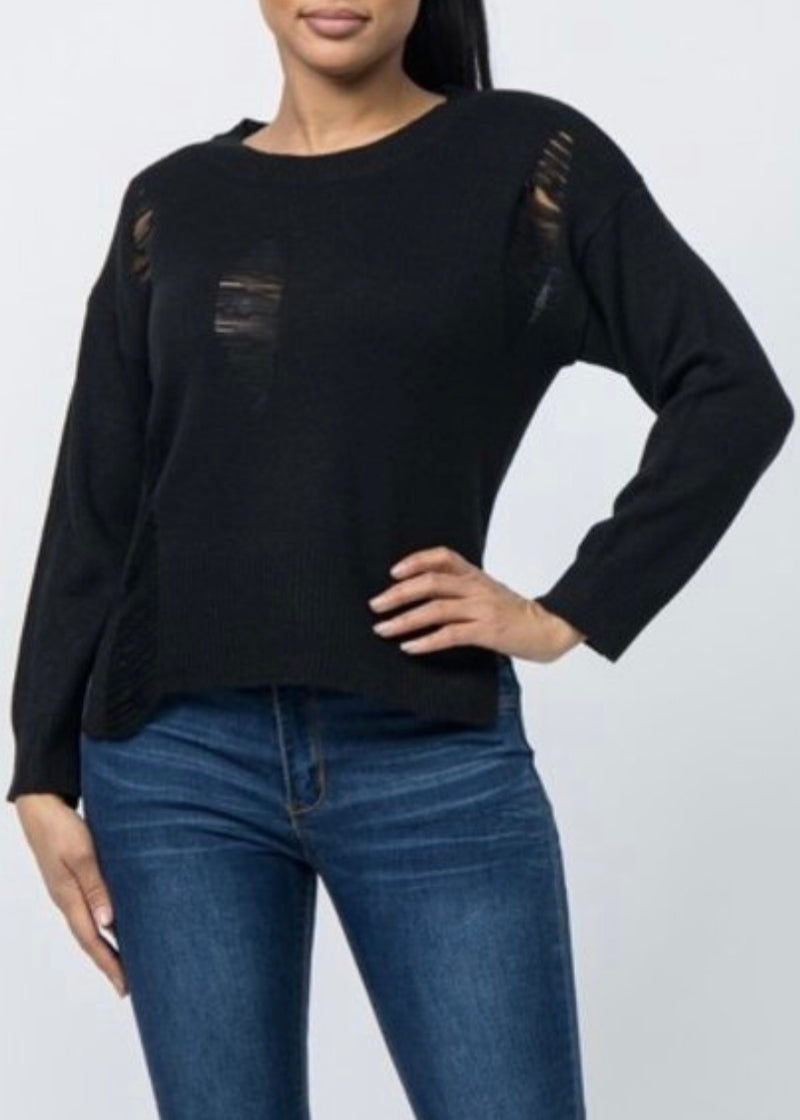 Love J Long Sleeve Crew Neck Distressed Sweater (Black) ST3001