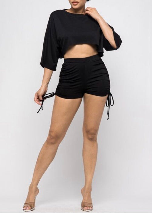 Love J Oversized Crop Top & Side Scrunch Short Set (Black) TT2641T