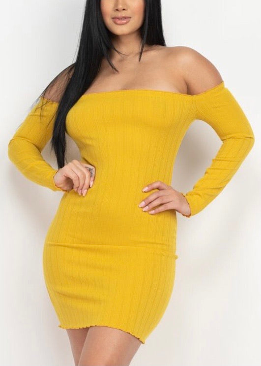 Capella Off Shoulder Lettuce Edge Bodycon Dress (Mustard) BD2940