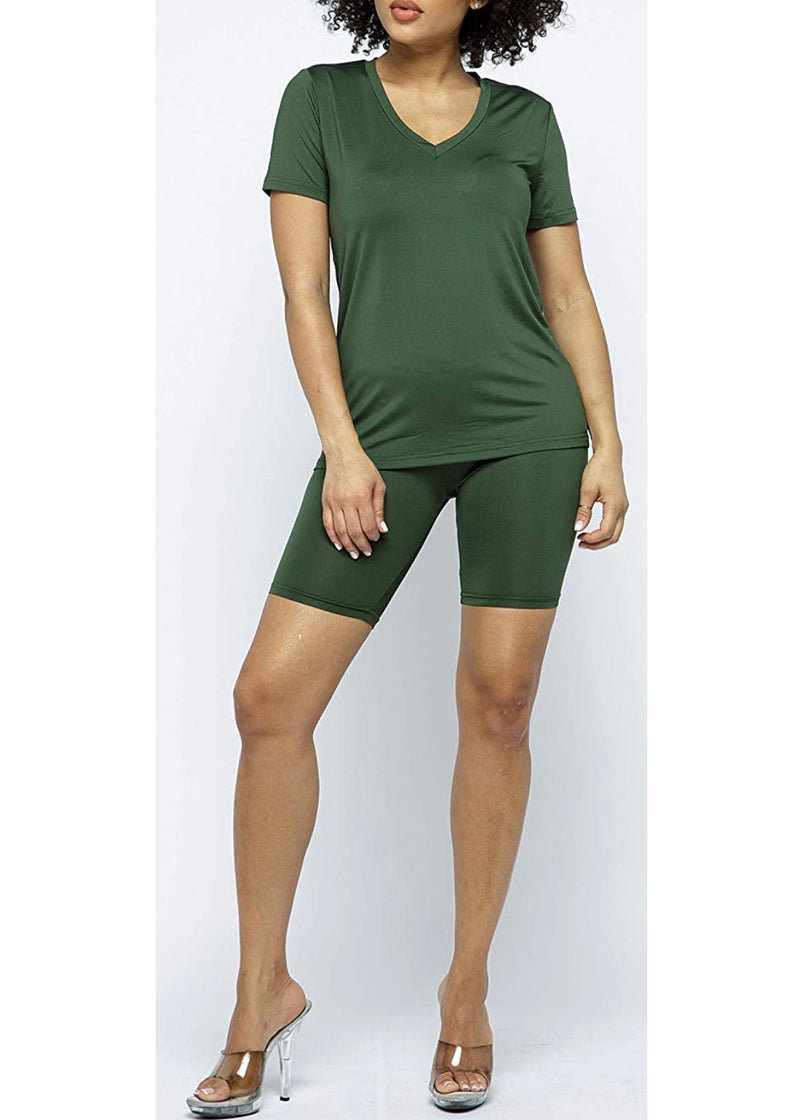 Daisy Solid V Neck Short Sleeve Top T Shirt & Biker Shorts Set (Olive)