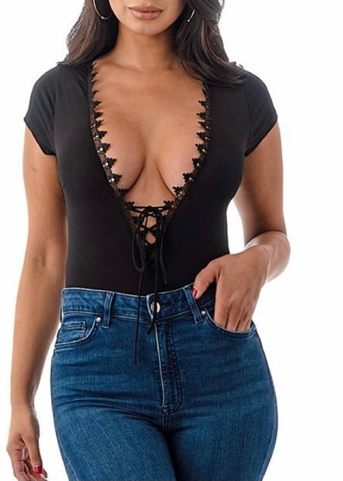 The Way V Neck Lace Pattern Bodysuit Top (Black) TWL2012