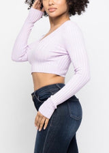 Hera Collection Long Sleeve V-Neck Off Shoulder Crop Top (Lavender) 21915