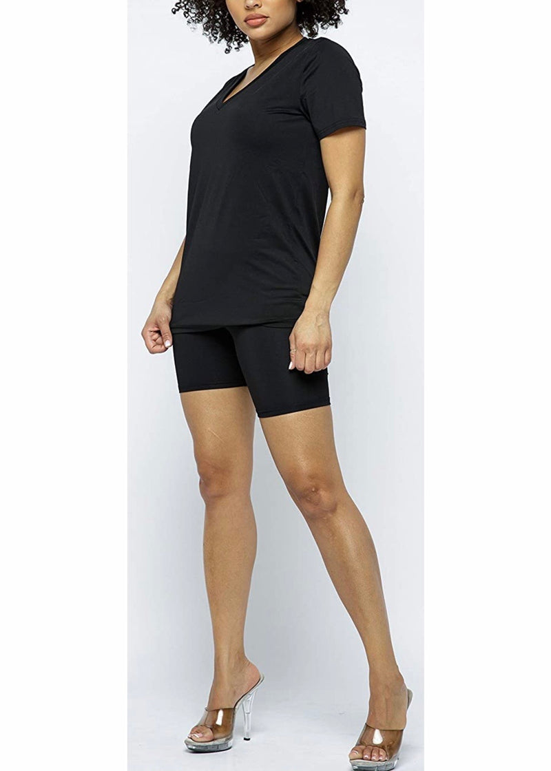 Daisy Solid V Neck Short Sleeve Top T Shirt & Biker Shorts Set (Black)