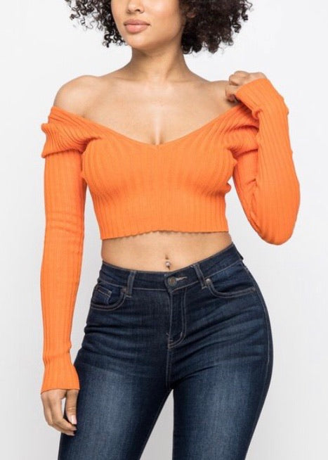 Hera Collection Long Sleeve V-Neck Off Shoulder Crop Top (Orange) 21915