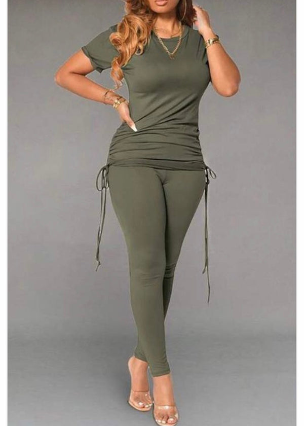 Mundefeis Autumn Drawstring Comfy Top & Leggings Set (Olive) KC6235